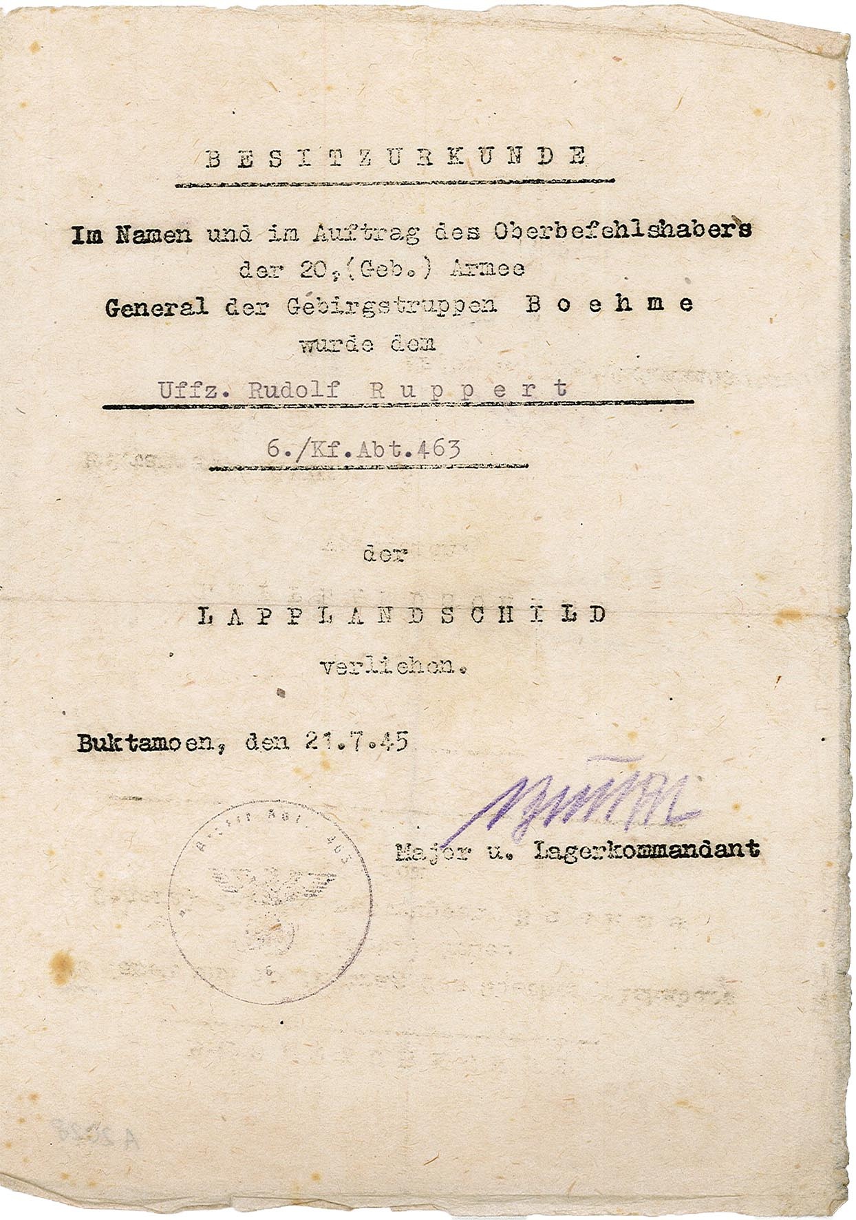 Urkunde zur Verleihung des Lapplandschildes an Rudolf Ruppert, 21.07.1945 (Museum Wolmirstedt RR-F)
