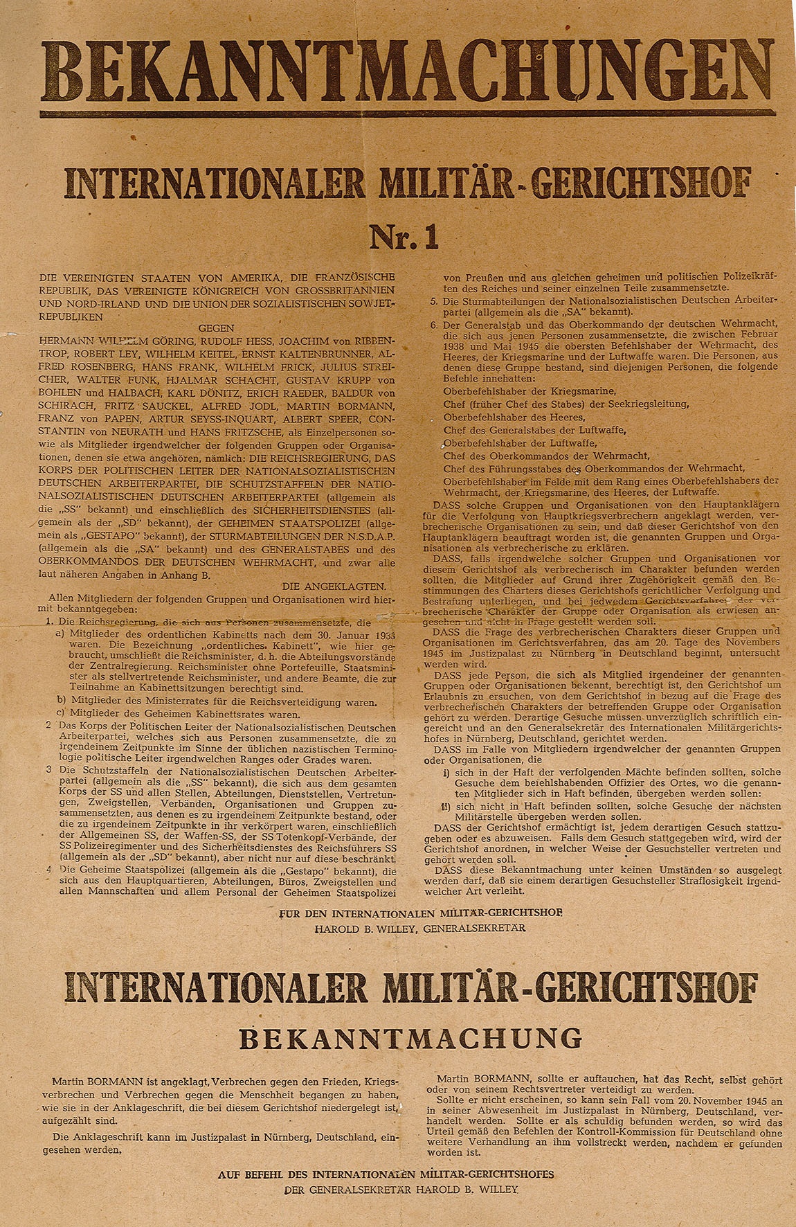 Plakat: Öffentliche Bekanntmachung des Internationalen Militär-Gerichtshofes (Museum Wolmirstedt RR-F)