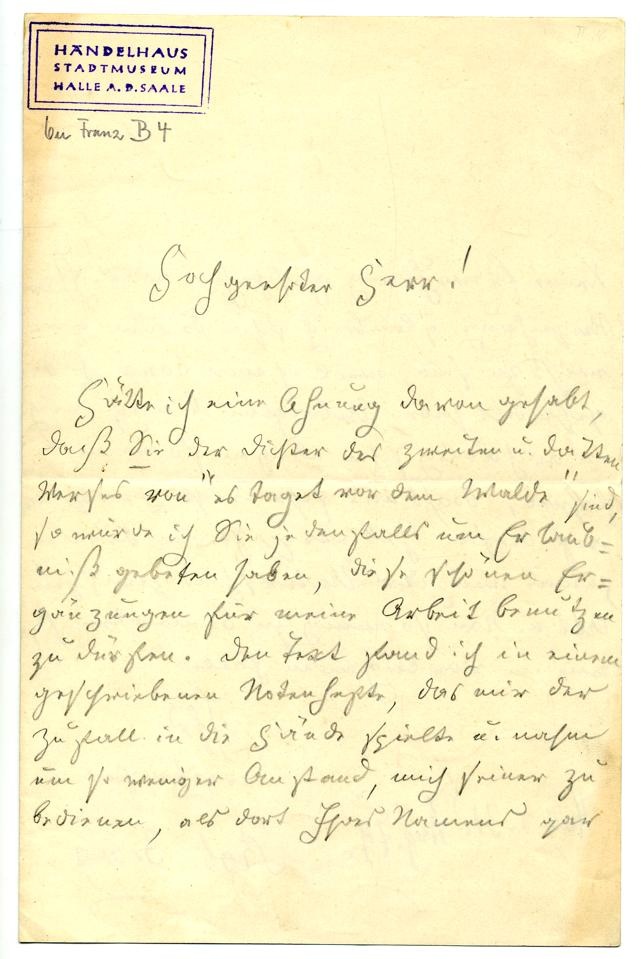 Brief von Robert Franz an unbekannt vom 31.08.1879 (Stiftung Händel-Haus Halle CC BY-NC-SA)
