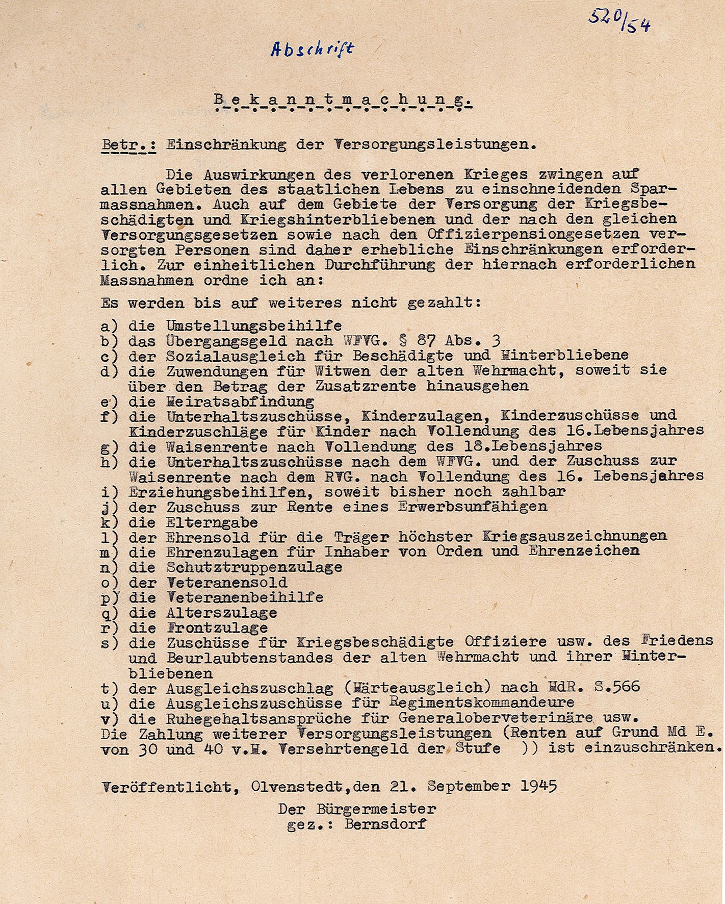 Bekanntmachung zur Einschränkung der Versorgungsleistungen, 1945 (Museum Wolmirstedt RR-F)