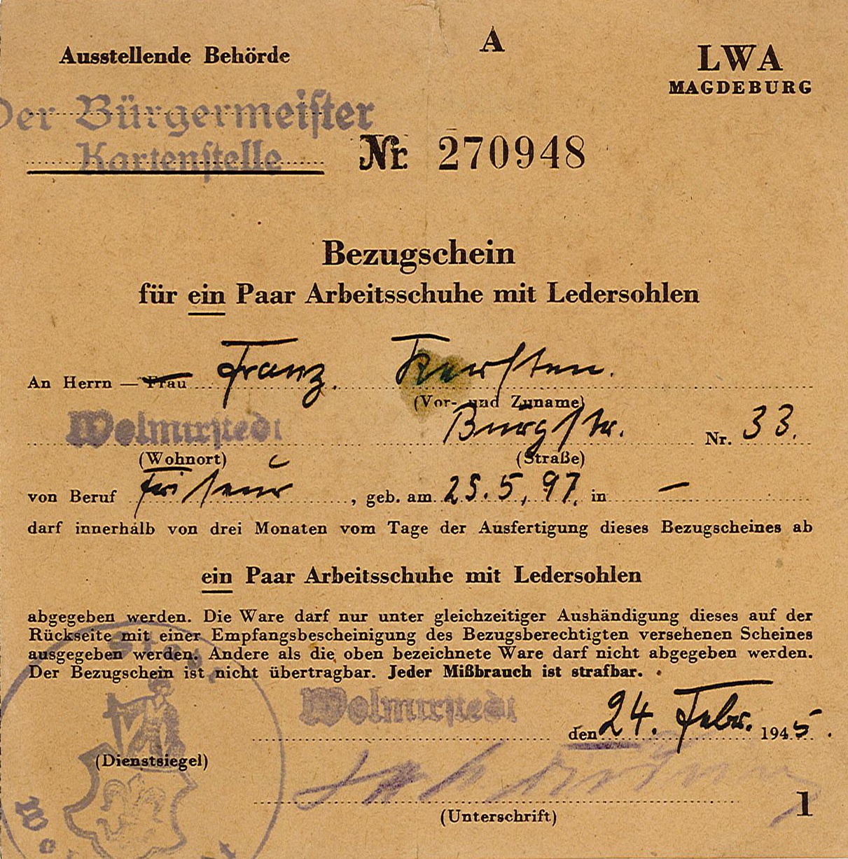 Bezugsschein für ein Paar Arbeitsschuhe mit Ledersohlen für Franz Kersten, 1945 (Museum Wolmirstedt RR-F)
