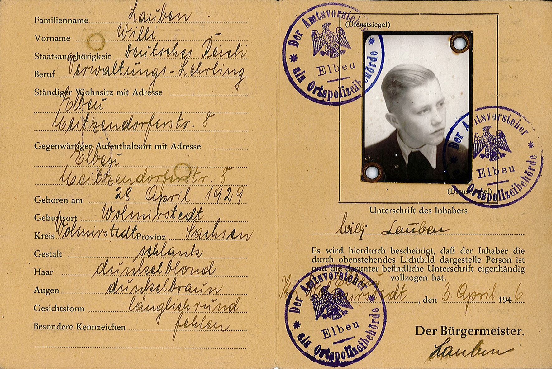 Ausweis von Willi Laube, 3. April 1946 (Museum Wolmirstedt RR-F)