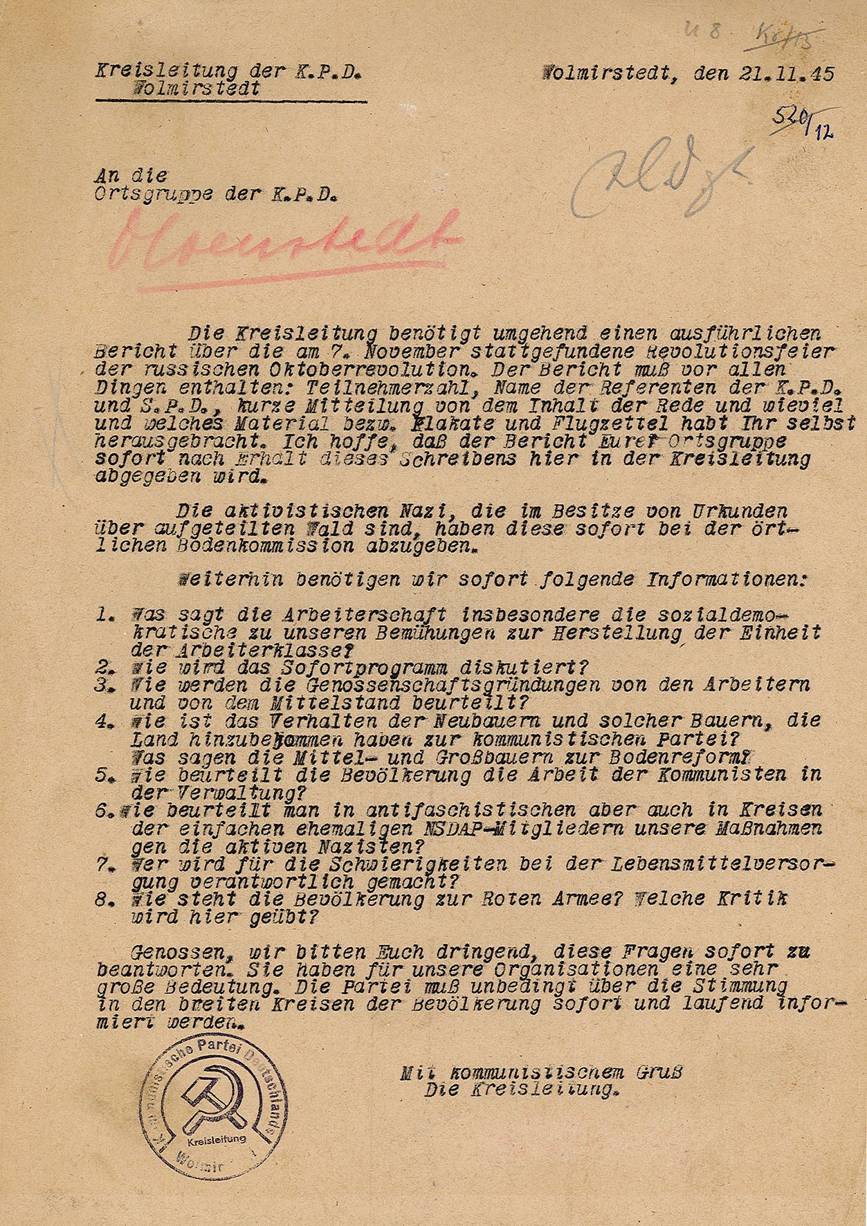 Aufforderungsschreiben der KPD-Kreisleitung Wolmirstedt an die KPD-Ortsgruppe(n), 21.11.1945 (Museum Wolmirstedt RR-F)