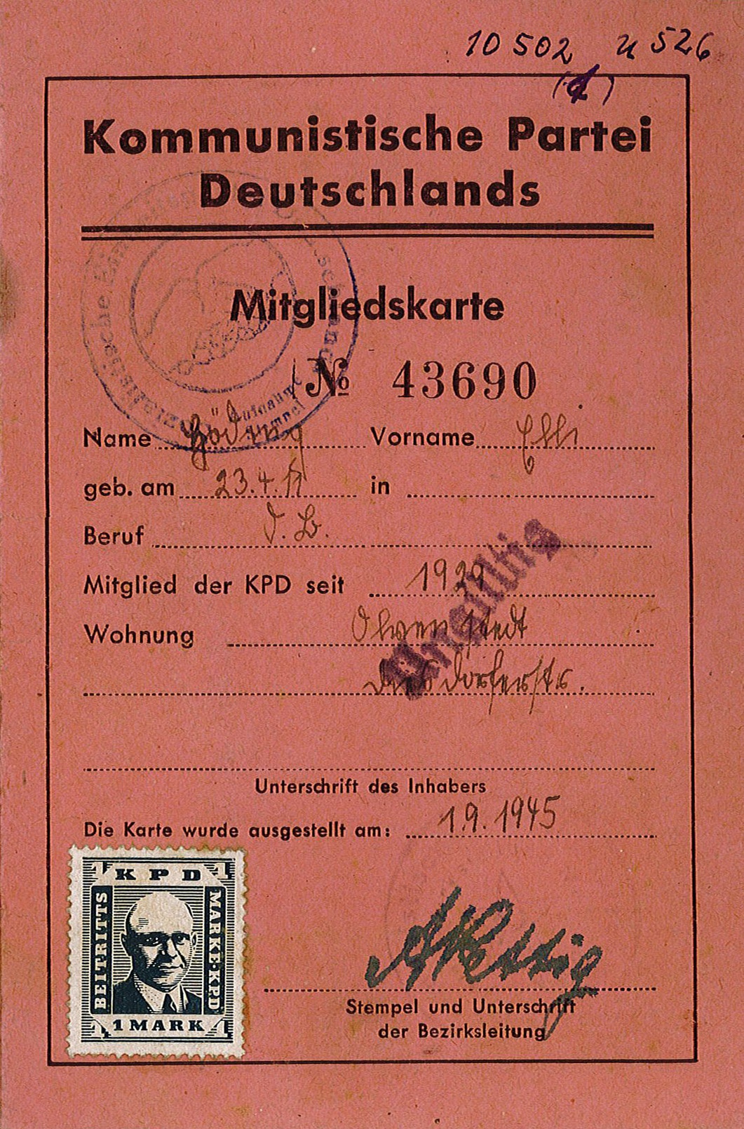 Mitgliedskarte der KPD für Elli Höding (Nr. 43690), 01.09.1945 (Museum Wolmirstedt RR-F)