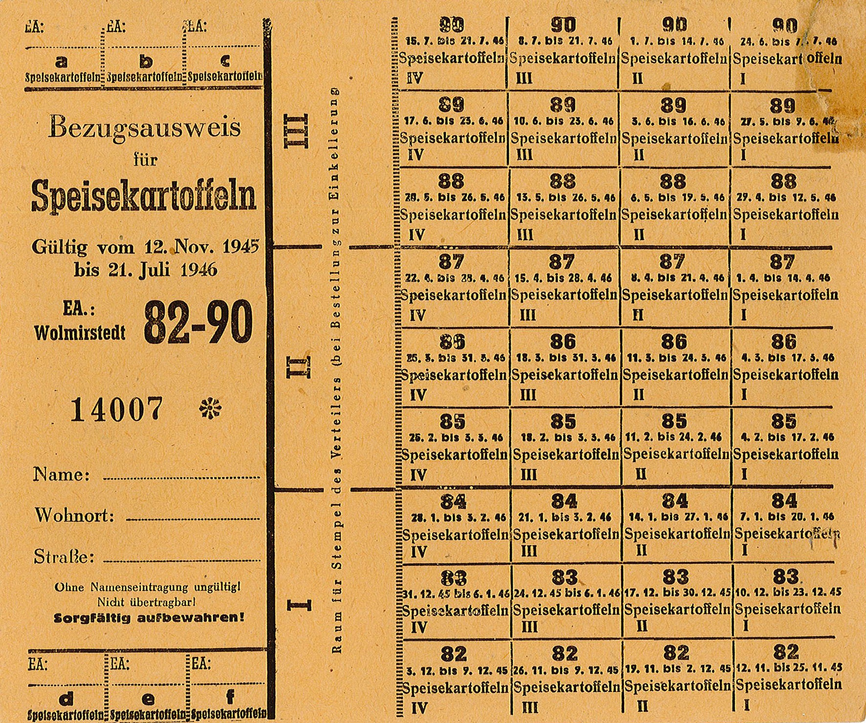 Lebensmittelkarte: Bezugsausweis für Speisekartoffeln 1945/1946 (Museum Wolmirstedt RR-F)