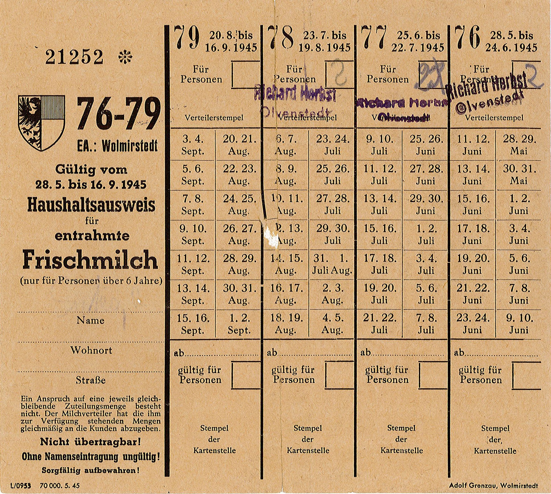Lebensmittelkarte: Haushaltsausweis für entrahmte Frischmilch, 1945 (Museum Wolmirstedt RR-F)