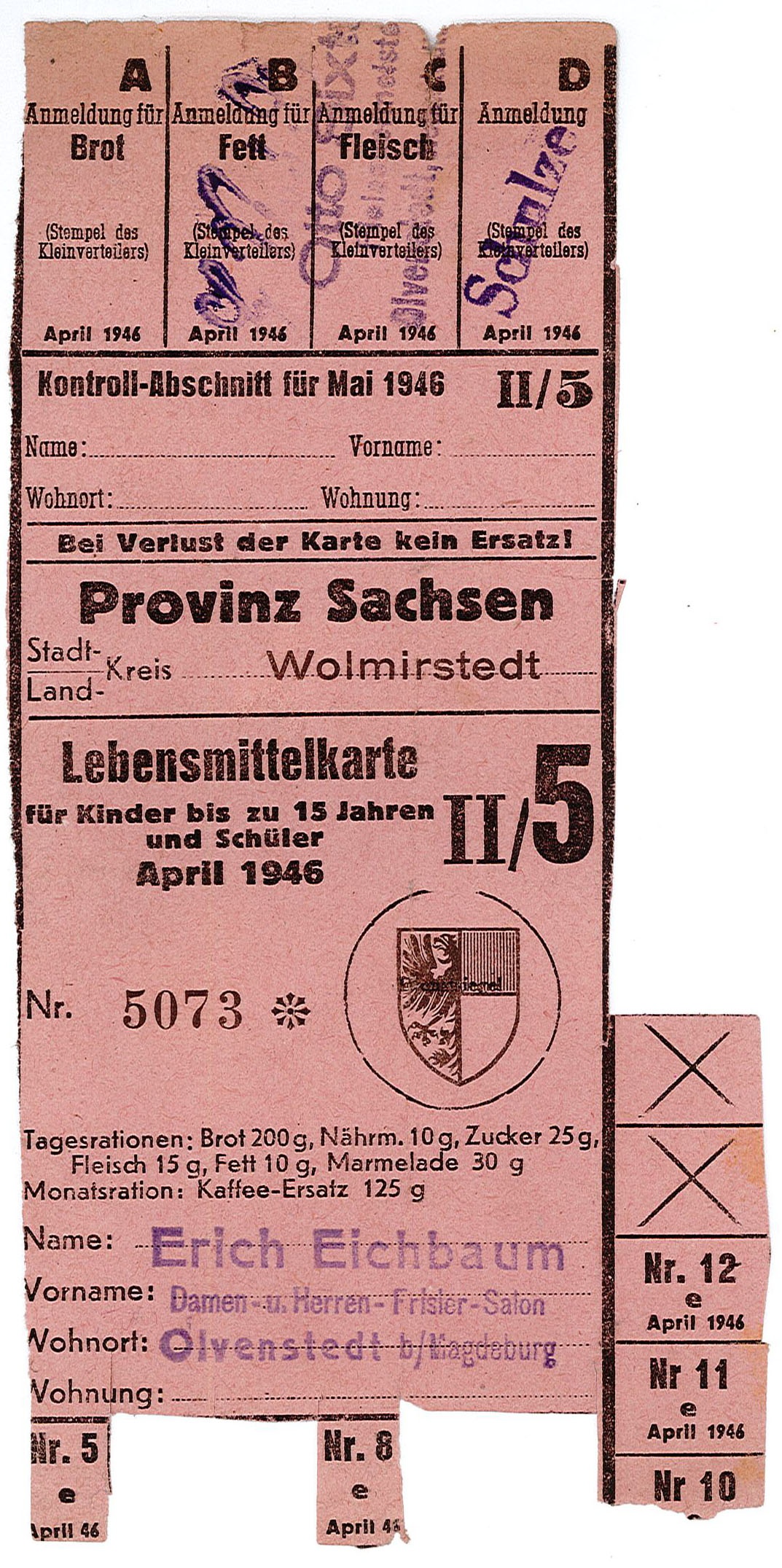 Lebensmittelkarte: für Kinder bis zu 15 Jahren und Schüler, April 1946 (Museum Wolmirstedt RR-F)