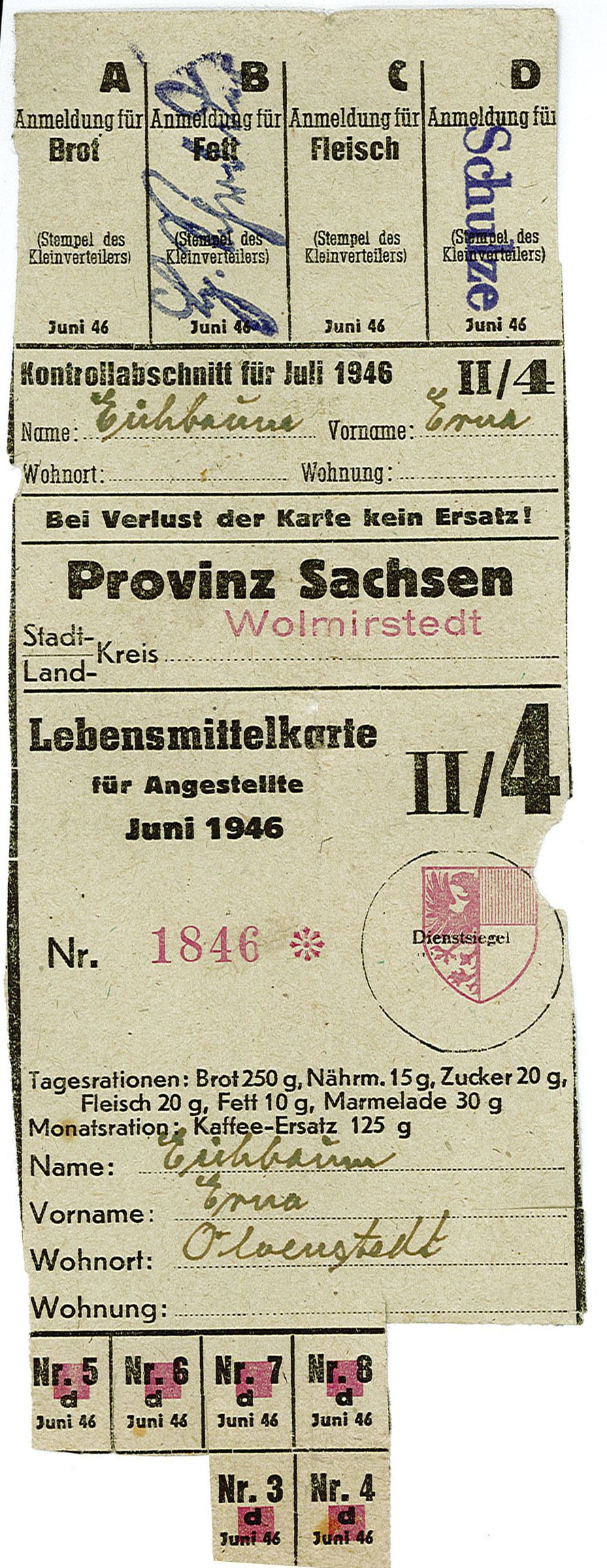 Lebensmittelkarte: für Angestellte, Juni 1946 (Museum Wolmirstedt RR-F)