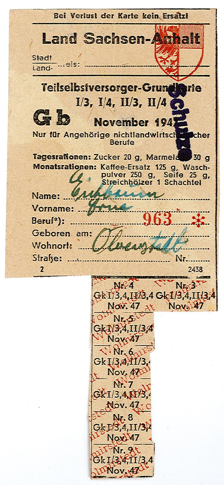 Lebensmittelkarte: Teilselbstversorger-Grundkarte für Angehörige nichtlandwirtschaftlicher Berufe, November 1947 (Museum Wolmirstedt RR-F)