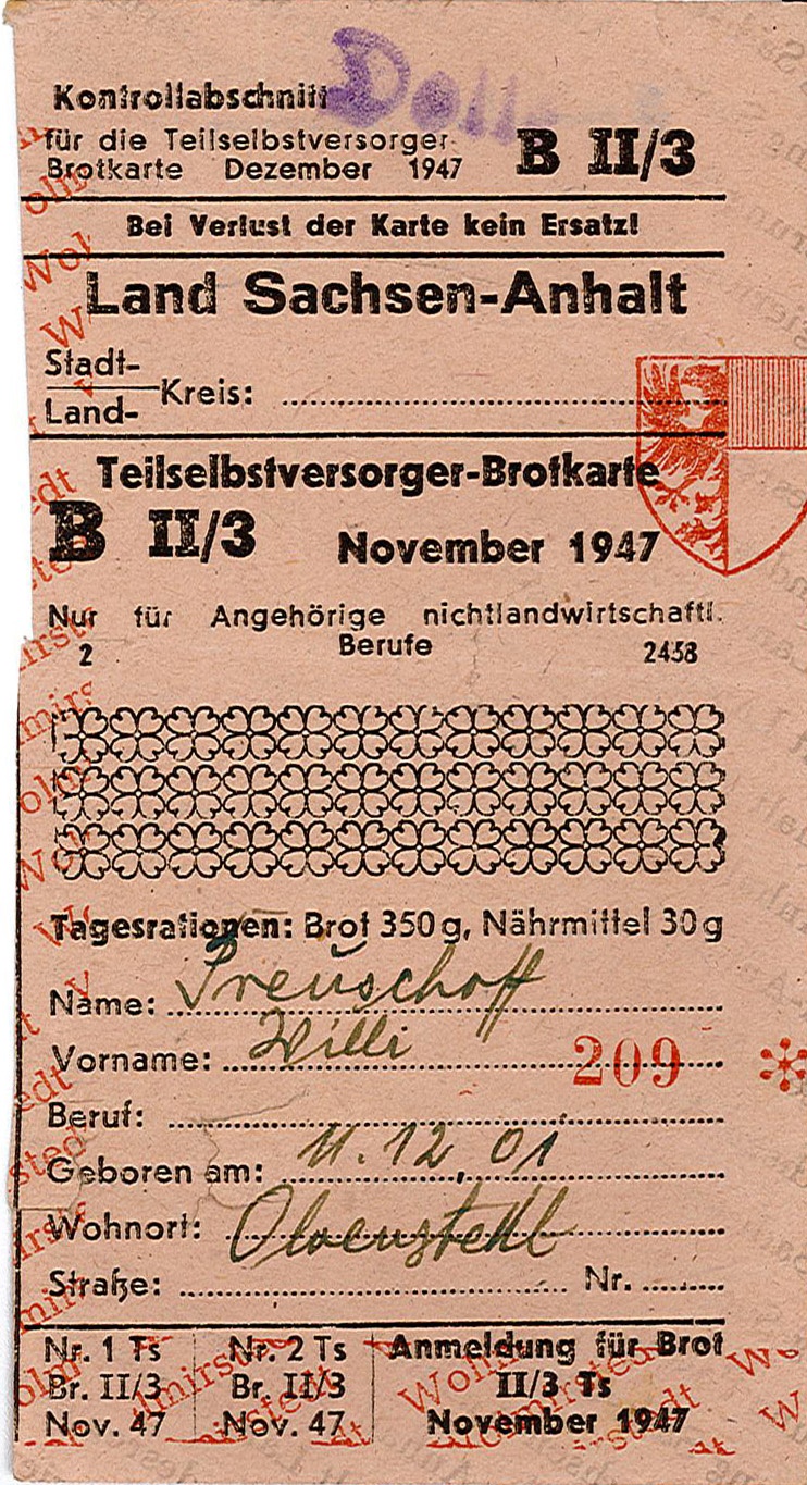 Lebensmittelkarte: Teilselbstversorger-Brotkarte für Angehörige nichtlandwirtschaftlicher Berufe, November 1947 (Museum Wolmirstedt RR-F)