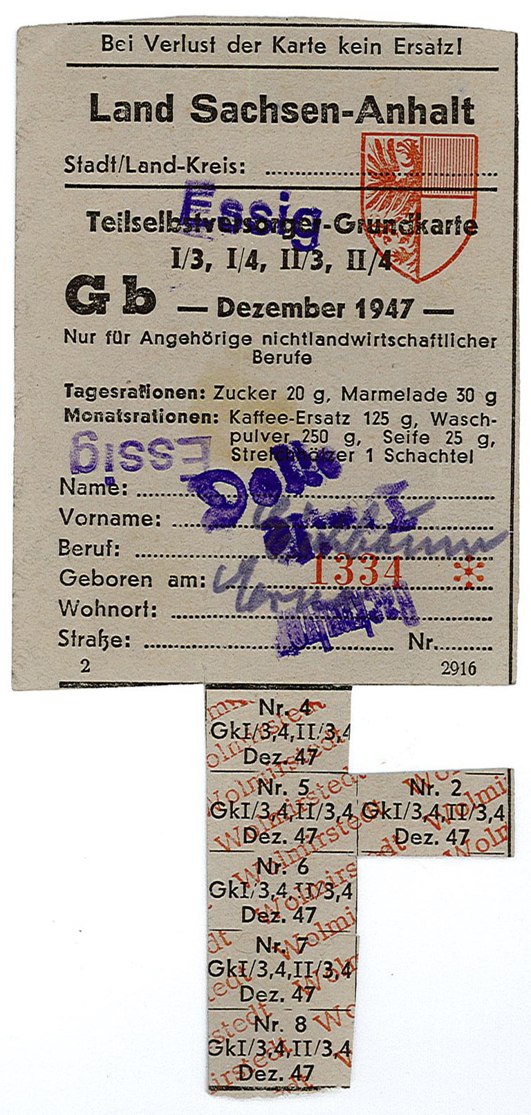 Lebensmittelkarte: Teilselbstversorger-Grundkarte für Angehörige nichtlandwirtschaftlicher Berufe, Dezember 1947 (Museum Wolmirstedt RR-F)