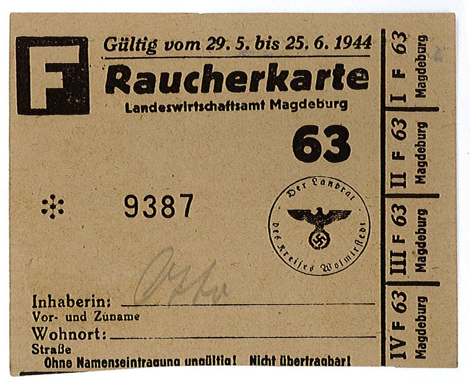 Lebensmittelkarte: Raucherkarte Nr. 9387, Mai/Juni 1944 (Museum Wolmirstedt RR-F)