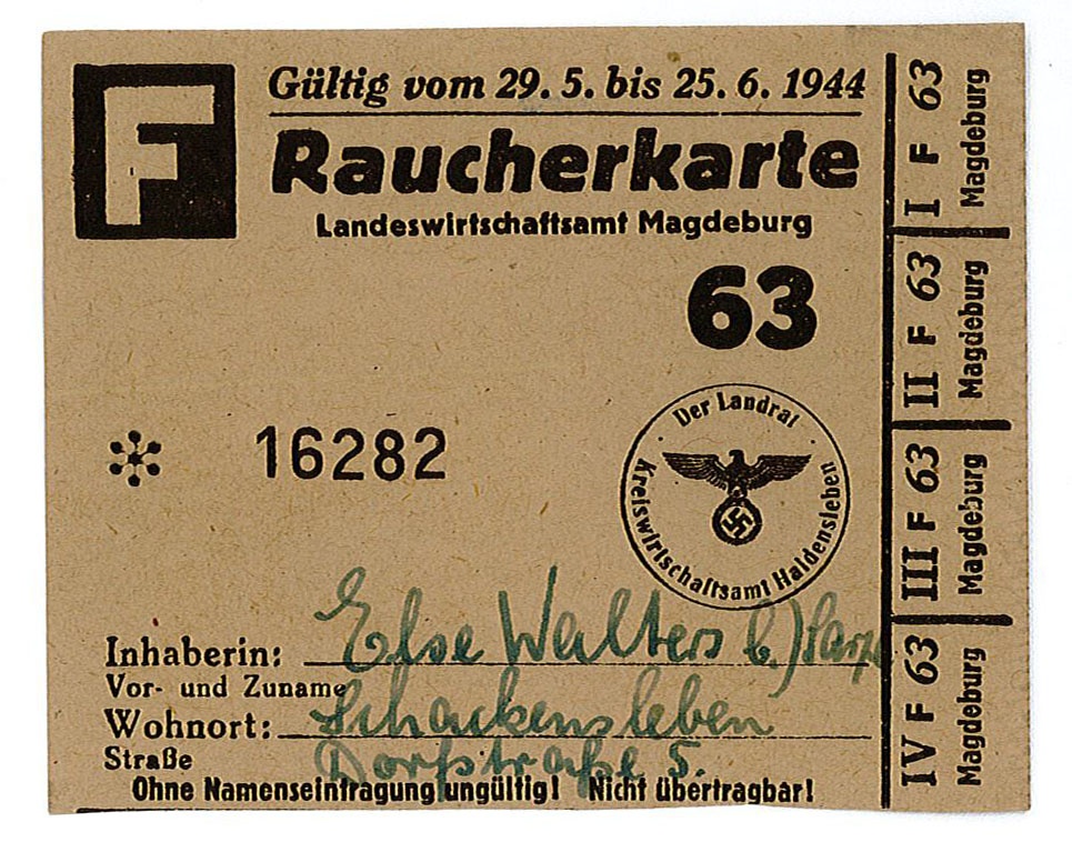 Lebensmittelkarte: Raucherkarte Nr. 16282, Mai/Juni 1944 (Museum Wolmirstedt RR-F)
