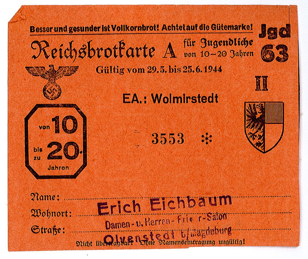 Lebensmittelkarte: Reichsbrotkarte für Jugendliche von 10 bis 20 Jahren, Mai/Juni 1944 (Museum Wolmirstedt RR-F)