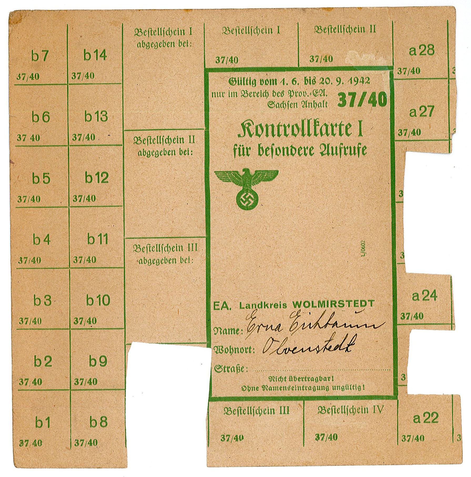 Kontrollkarte für besondere Aufrufe für Erna Eichbaum, Juni bis September 1942 (Museum Wolmirstedt RR-F)