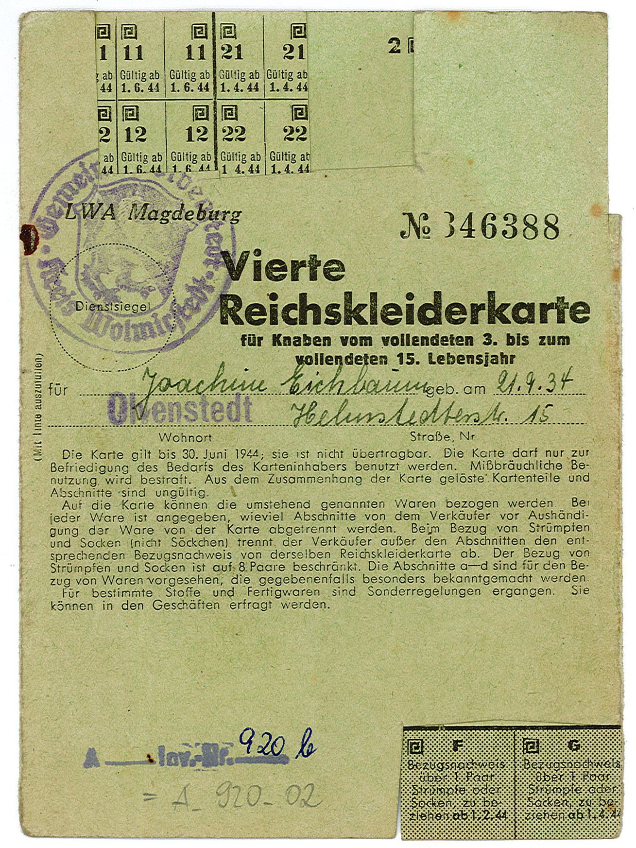 Vierte Reichskleiderkarte für Knaben für Joachim Eichbaum, 1943/44 (Museum Wolmirstedt RR-F)