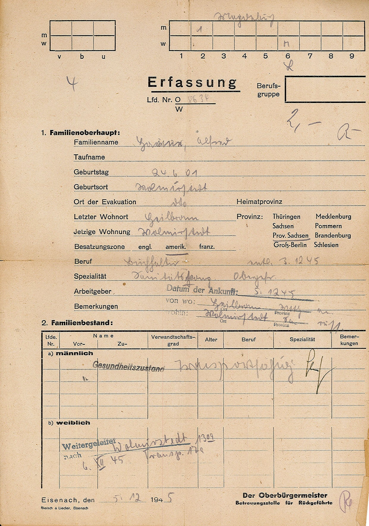 Personalbogen Betreuungsstelle für Rückgeführte von Alfred Hanne, 5. Dezember 1945 (Museum Wolmirstedt RR-F)