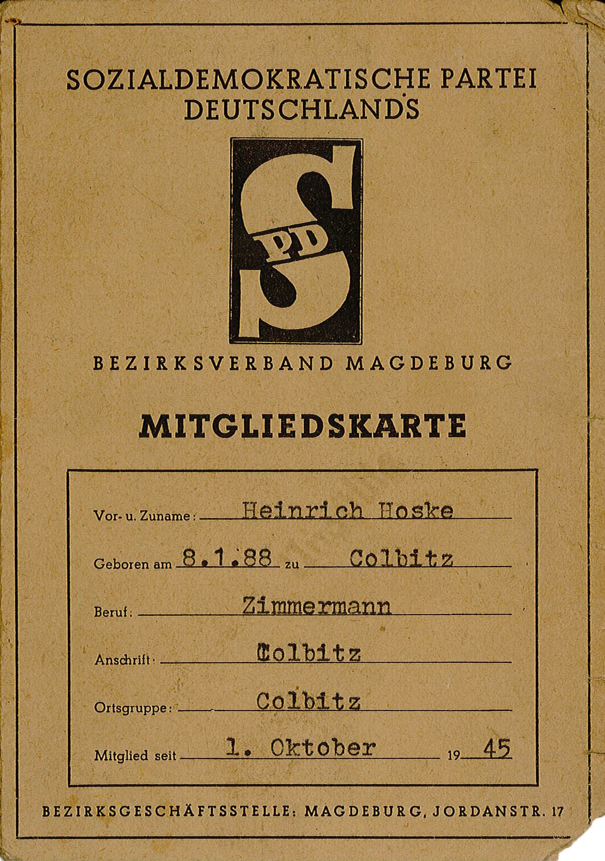 Mitgliedskarte von Heinrich Hoske für die Sozialdemokratische Partei Deutschlands (Museum Wolmirstedt RR-F)