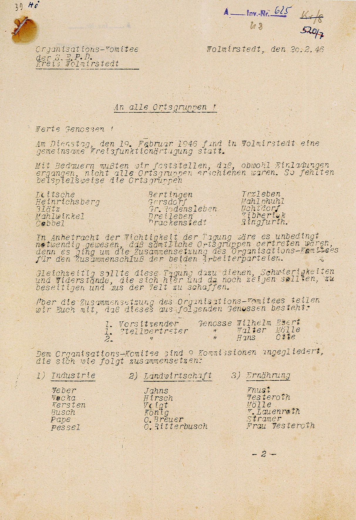 Informationsschreiben in Nachbereitung der Kreisfunktionärtagung am 19. Februar 1946 (Museum Wolmirstedt RR-F)