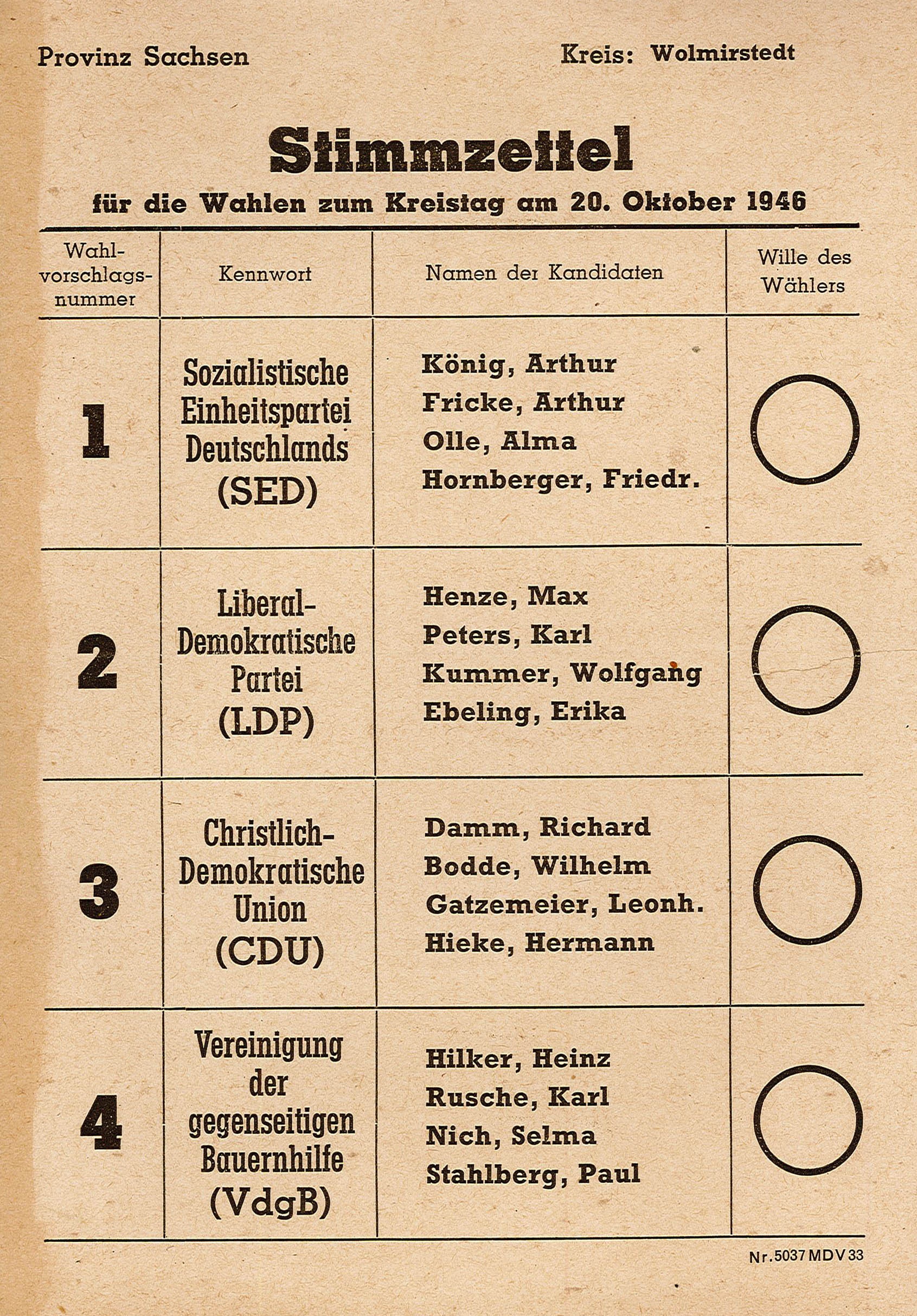 Stimmzettel für Kreistagswahlen 1946 (Museum Wolmirstedt RR-F)