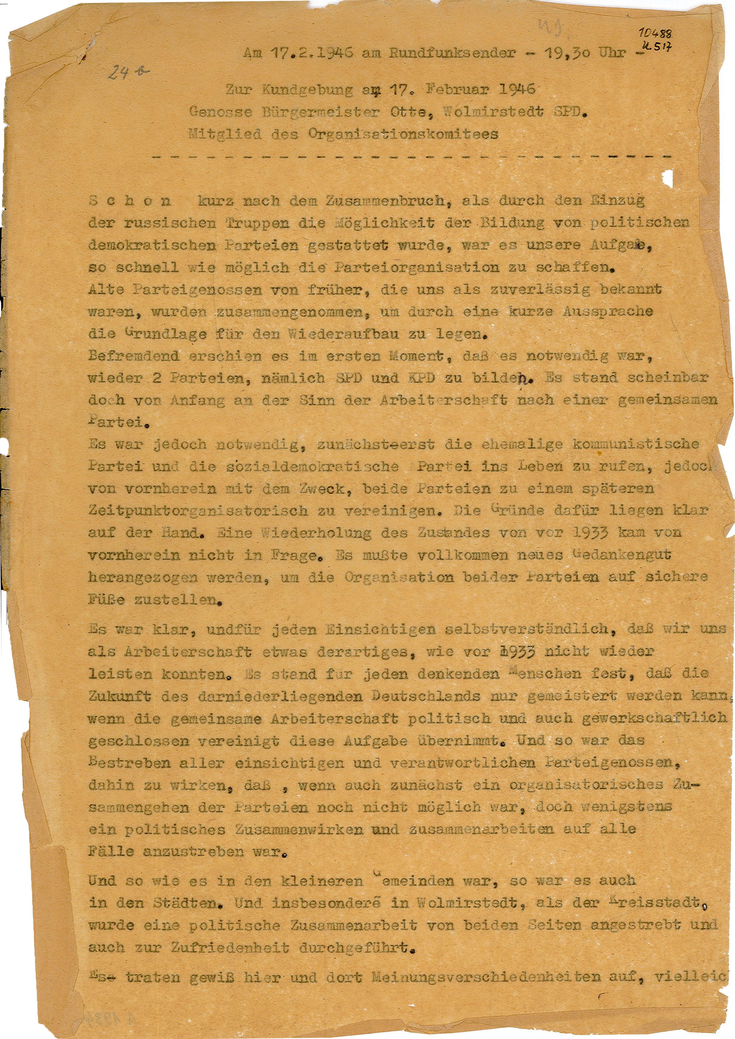 Protokoll zur Kundgebung am 17. Februar 1946 Wolmirstedt (Museum Wolmirstedt RR-F)