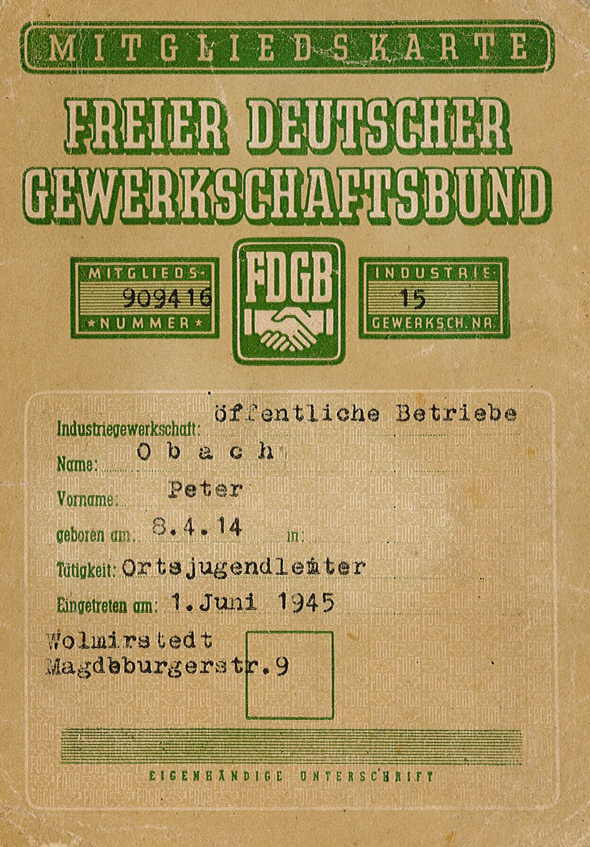 FDGB-Mitgliedskarte von Peter Obach, 1945 (Museum Wolmirstedt RR-F)