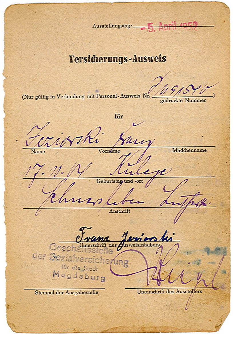 Sozialversicherungs-Ausweis von Franz Jeziorski, 1952 (Museum Wolmirstedt RR-F)