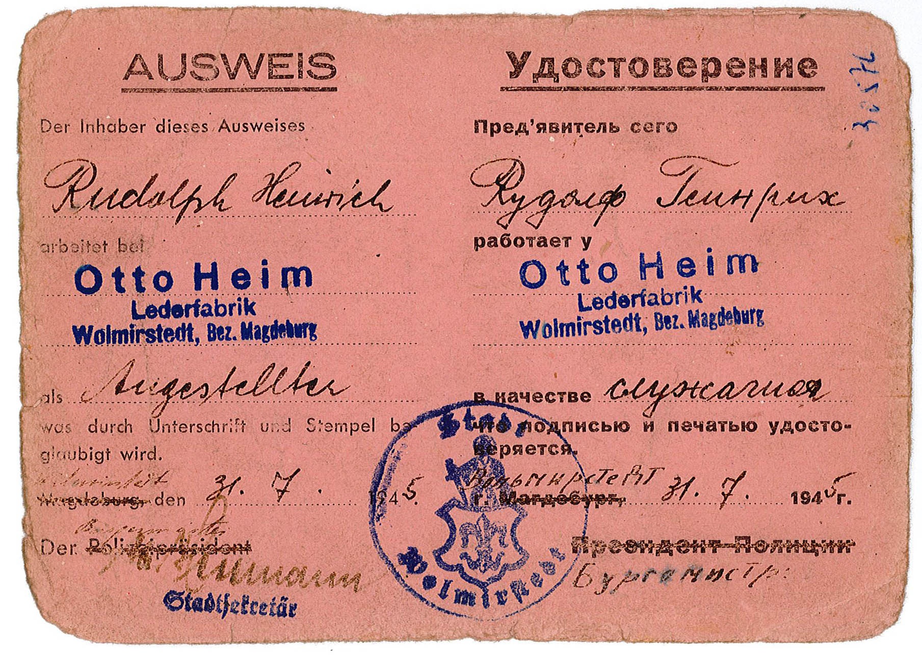 Angestelltenausweis von Rudolph Heinrich, 31.07.1945 (Museum Wolmirstedt RR-F)