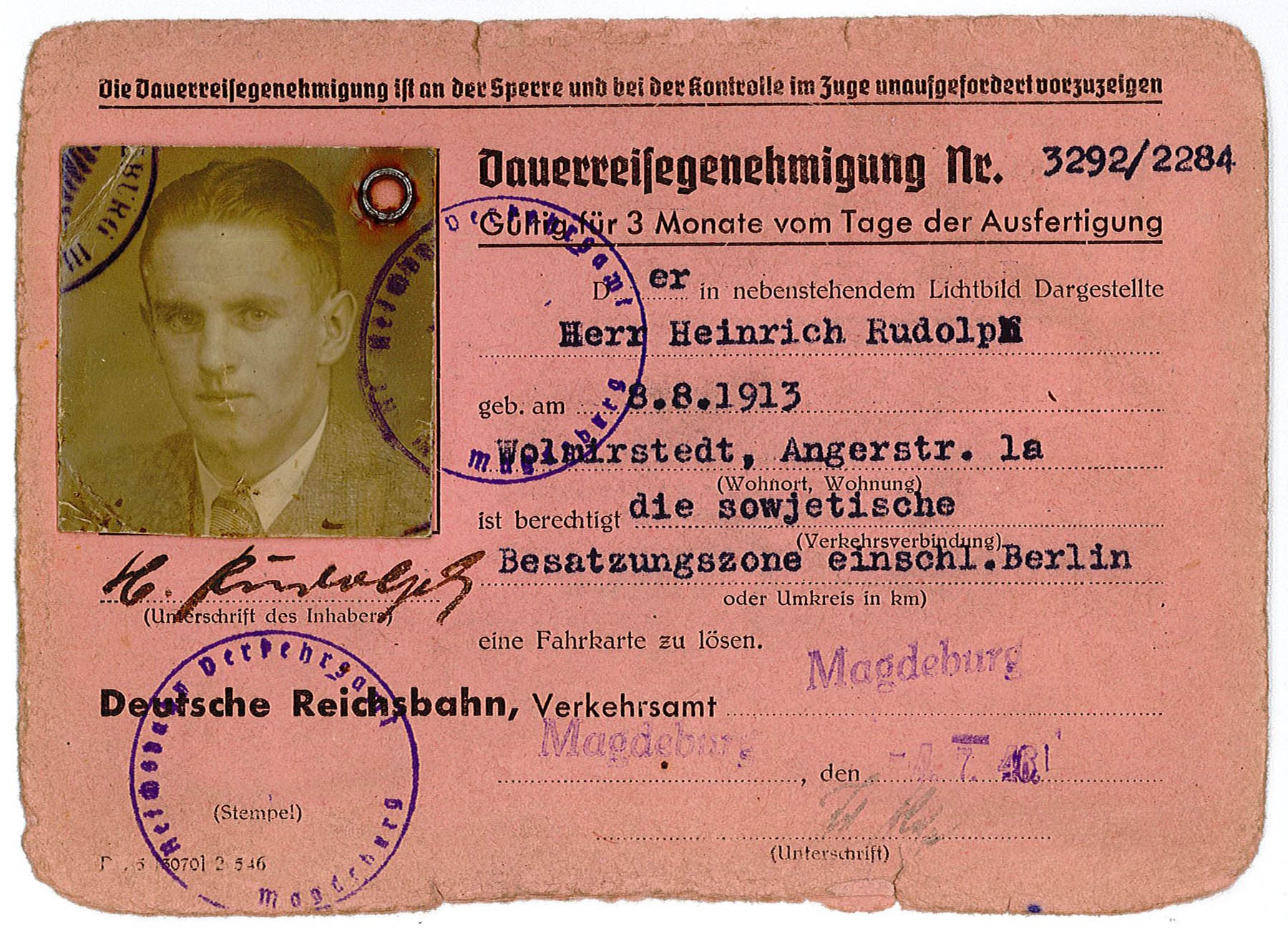 Dauerreisegenehmigung von Rudolph Heinrich, 04.07.1946 (Museum Wolmirstedt RR-F)