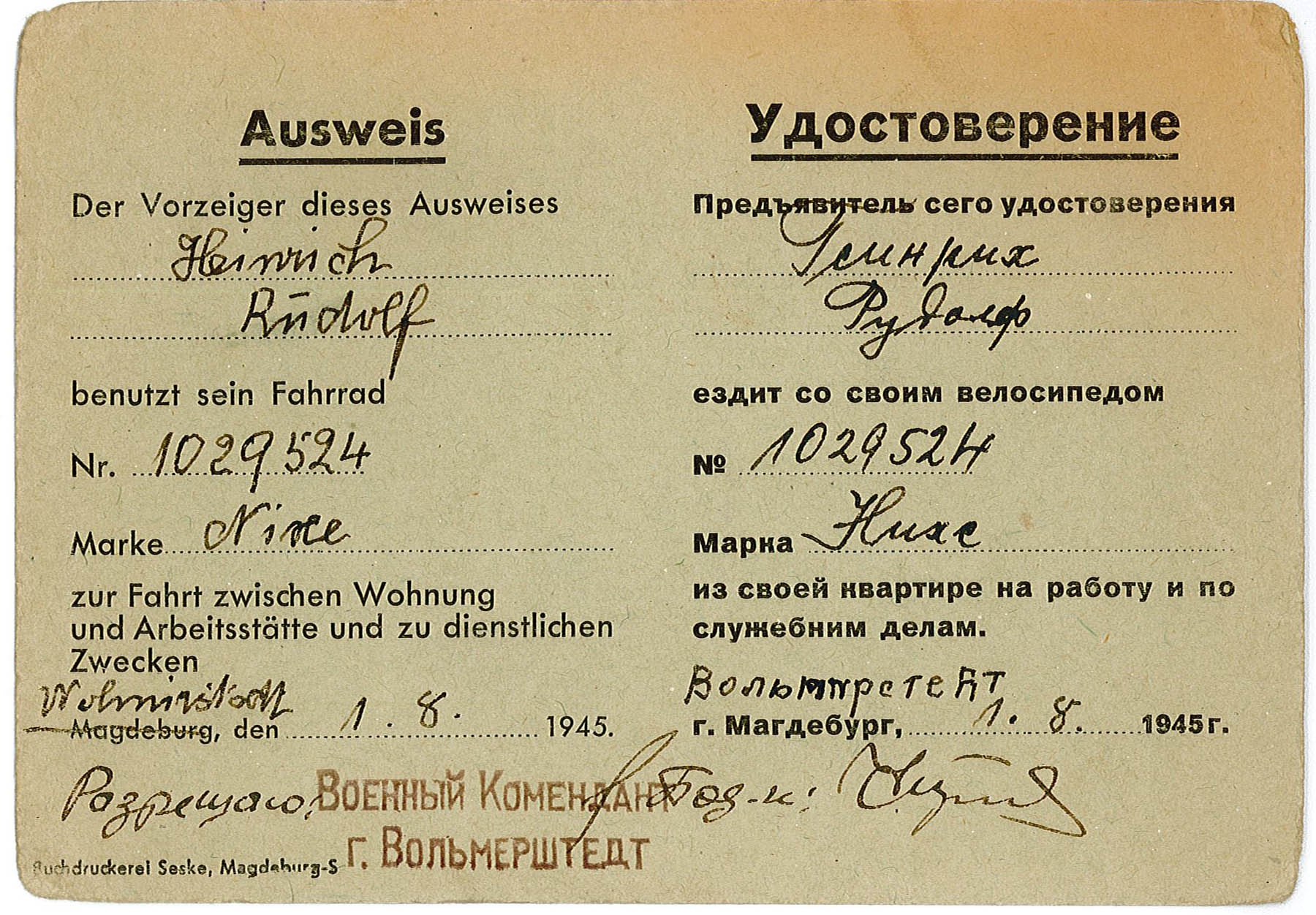 Ausweis von Rudolph Heinrich zur Nutzung eines Fahrrades, 01.08.1945 (Museum Wolmirstedt RR-F)
