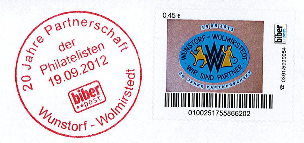 Briefumschlag mit Sondermarke und Stempel zum 20-jährigen Jubiläum der Philatelistenpartnerschaft von Wolmirstedt und Wunstorf, 2012 (Museum Wolmirstedt RR-F)