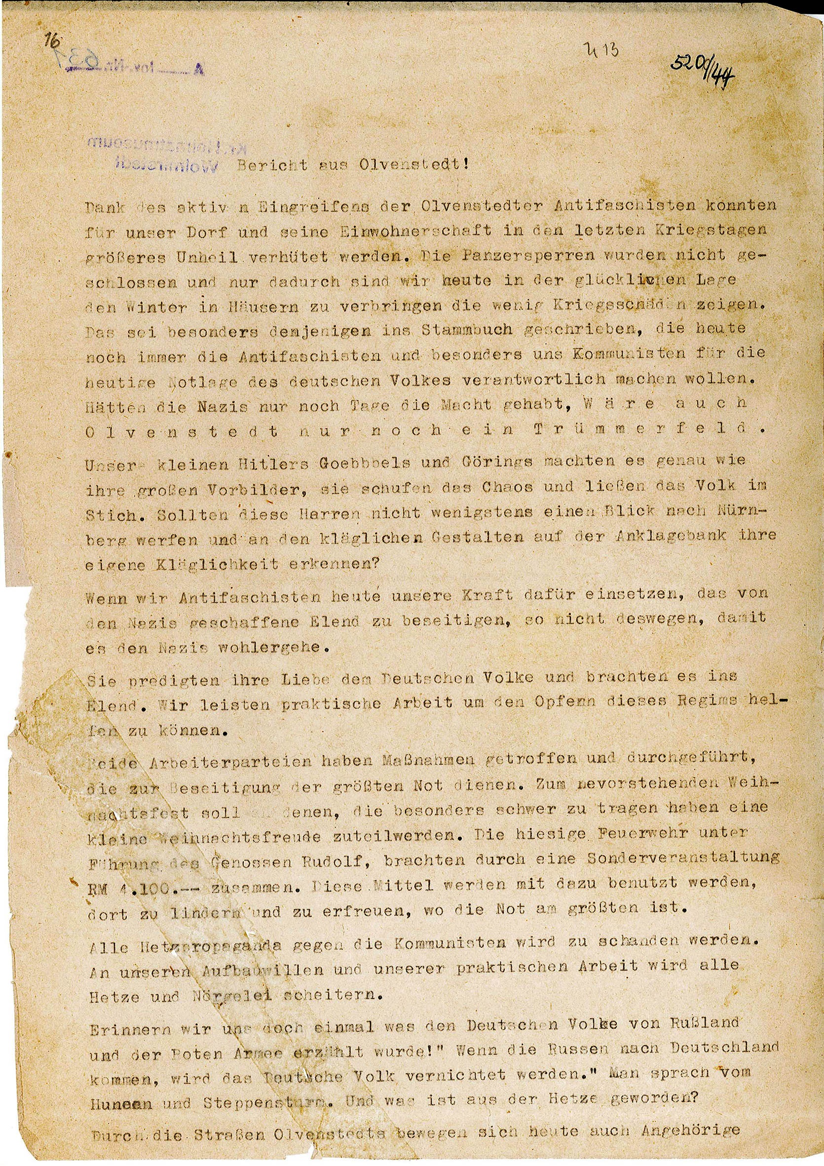 Bericht über das Wirken der Antifaschisten in Olvenstedt, 1945 (Museum Wolmirstedt RR-F)