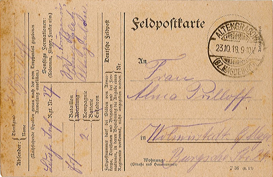 Feldpostkarte an Alma Prillhoff von ihrem Mann, 22.10.1918 (Museum Wolmirstedt RR-F)