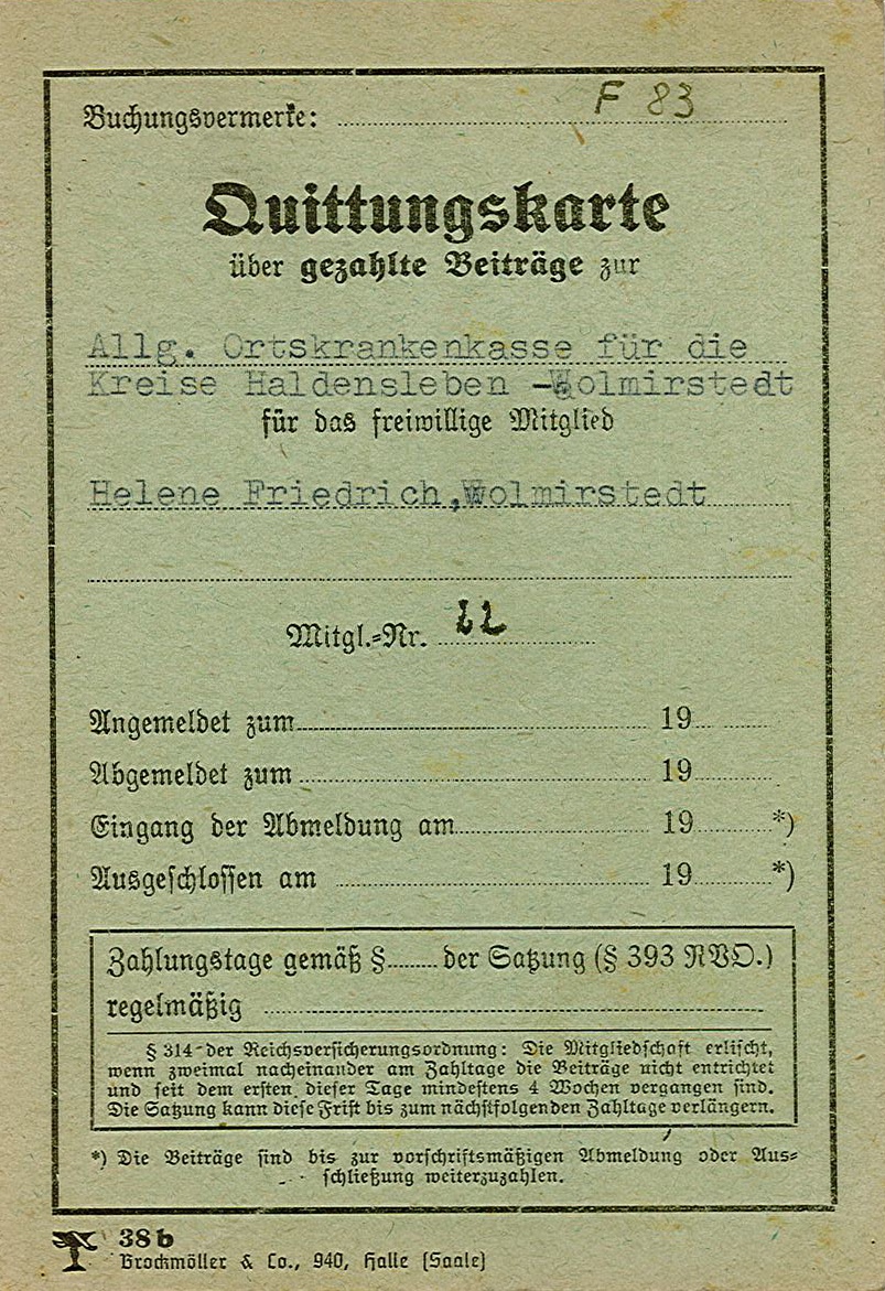 Quittungskarte für Versicherungsbeiträge von Helene Friedrich, 1945-1946 (Museum Wolmirstedt RR-F)