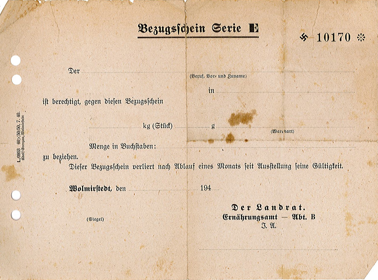 Formular Bezugsschein Serie E, 1940er // Gedicht (Museum Wolmirstedt RR-F)