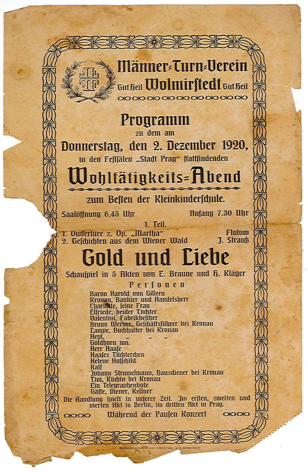 Programmzettel Wohltätigkeitsabend des Mäner-Turn-Verein Wolmirstedt, 02.12.1920 (Museum Wolmirstedt RR-F)