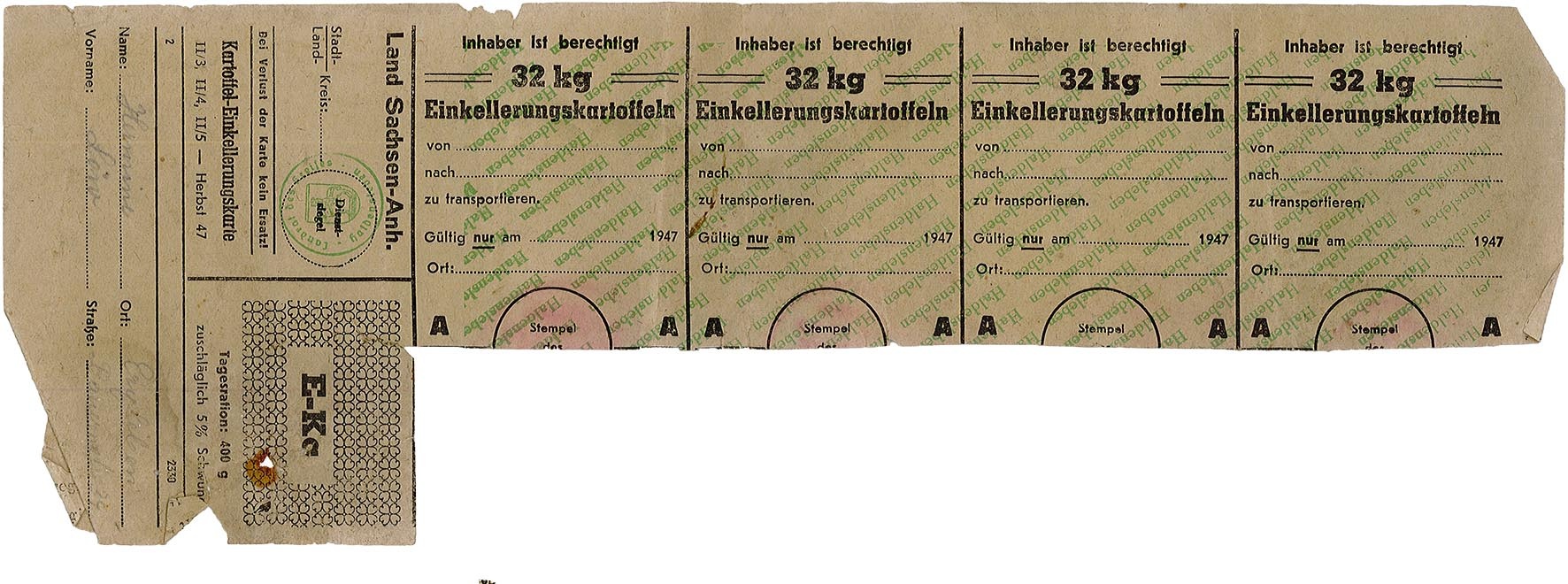 Lebensmittelkarte: 32 kg Einkellerungskartoffeln E-Ka für Hermine Löw, Erxleben (Herbst 1947) (Museum Wolmirstedt RR-F)