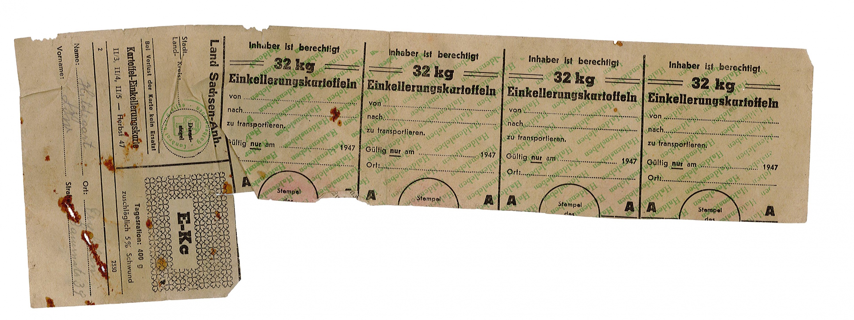 Lebensmittelkarte: 32 kg Einkellerungskartoffeln E-Kc fürr Hermine Löw, Erxleben (Herbst 1947) (Museum Wolmirstedt RR-F)