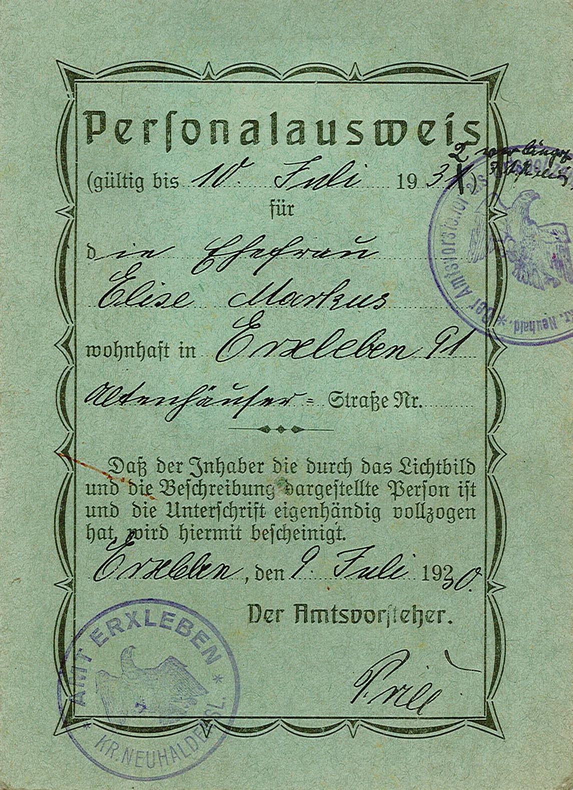 Personalausweis für Elise Markus, Erxleben (09.07.1930) (Museum Wolmirstedt RR-F)