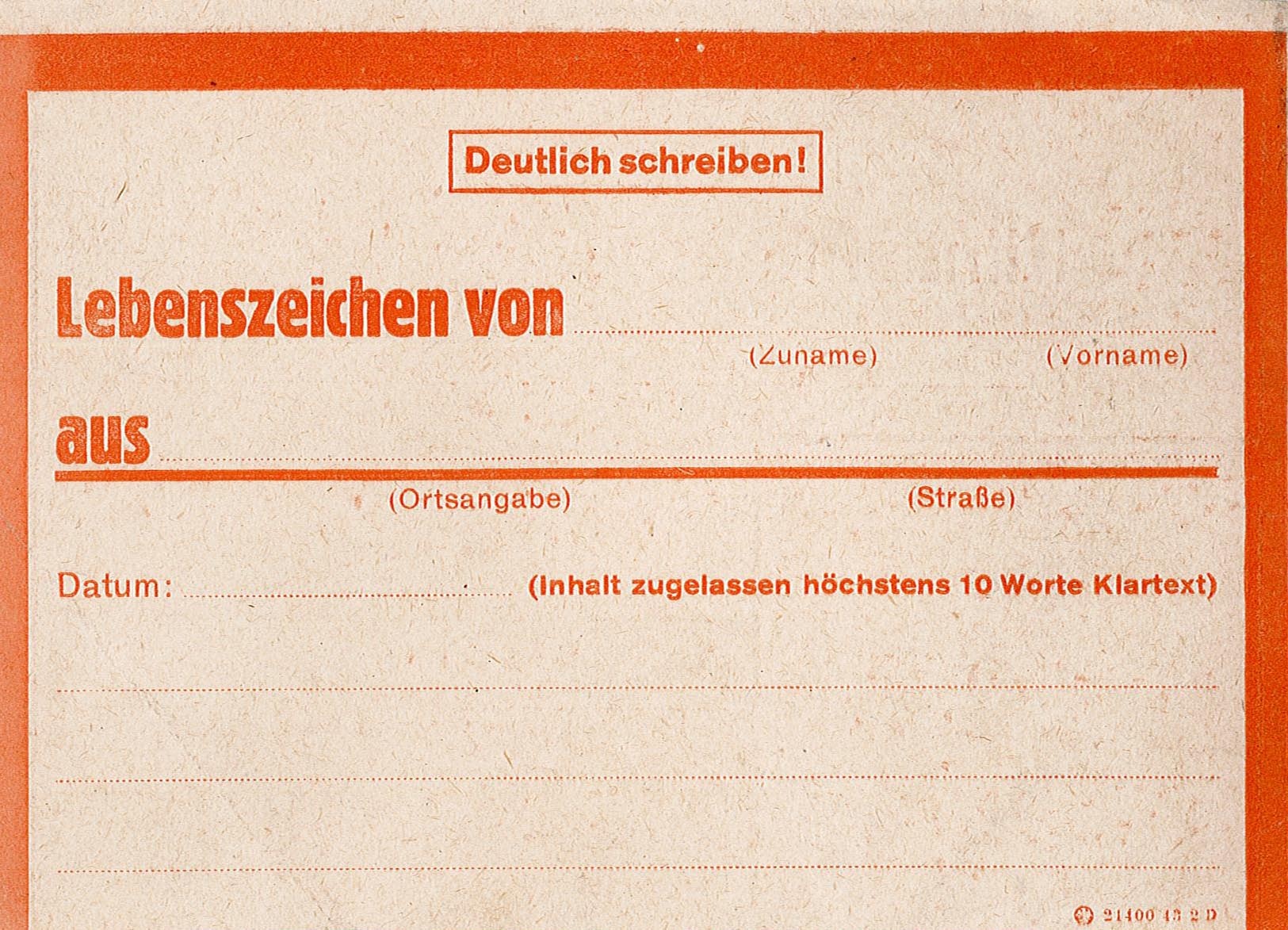 Formular: Eilnachricht mit Lebenszeichen von / aus ... (Museum Wolmirstedt RR-F)