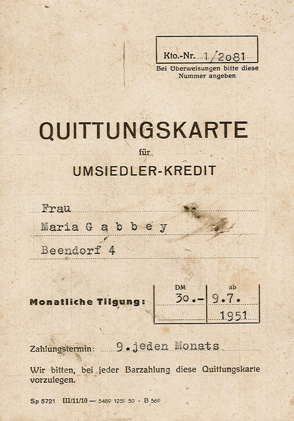 Quittungskarte für Umsiedler-Kredit von Maria Gabbey, Beendorf (1952) (Museum Wolmirstedt RR-F)