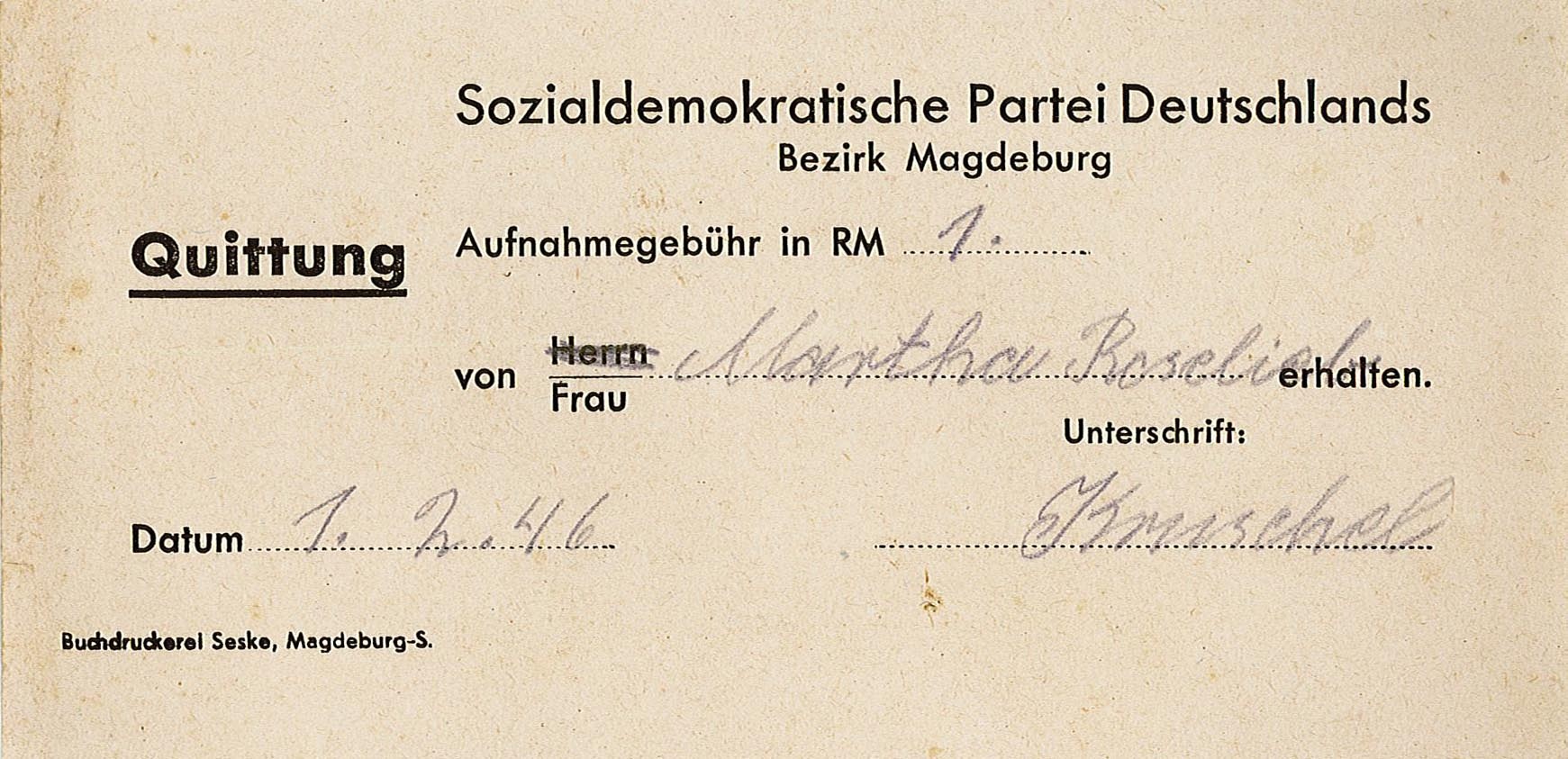 Quittung von Martha Roselieb für die Zahlung der Aufnahmegebühr in die SPD (Museum Wolmirstedt RR-F)