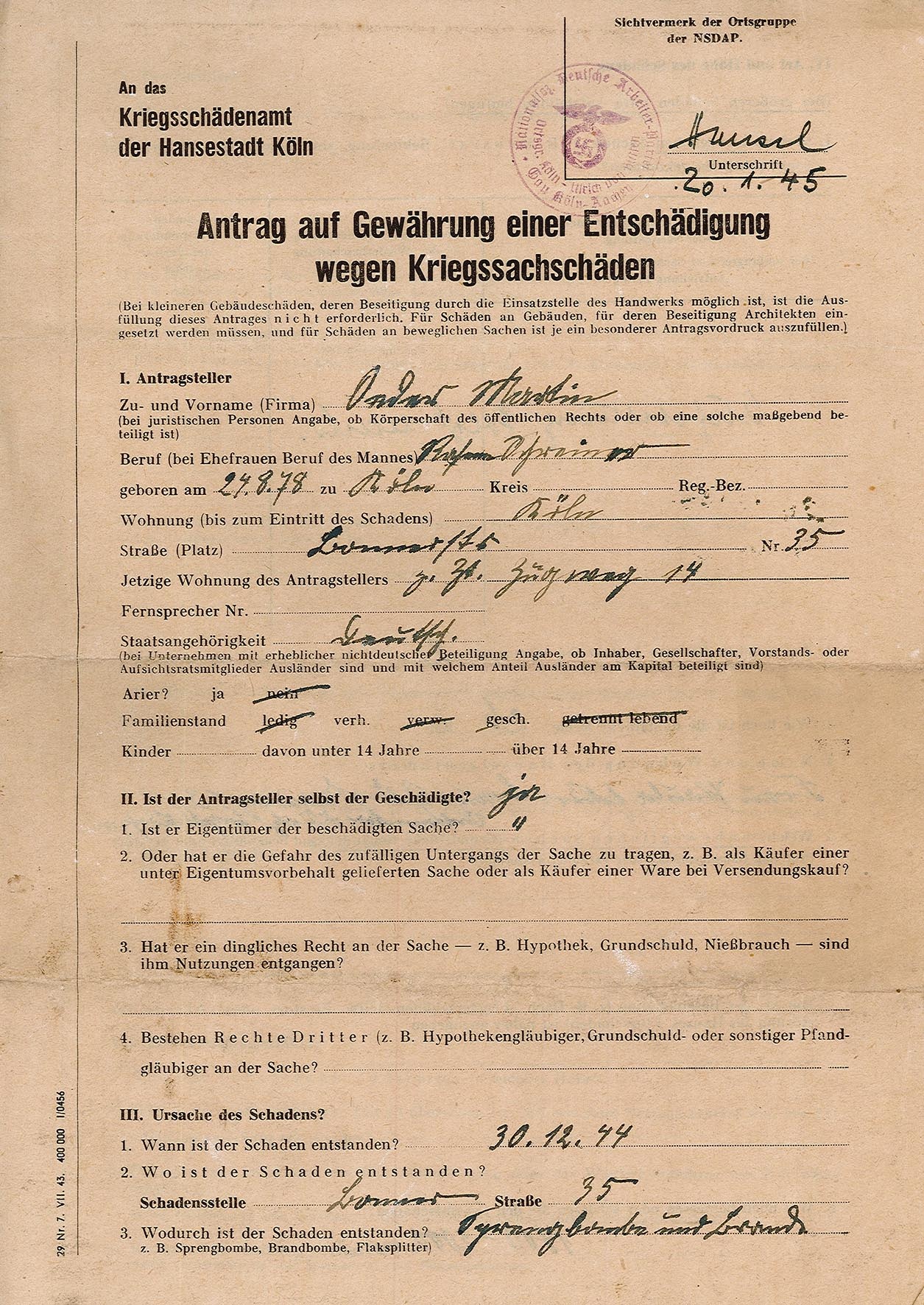 Antrag auf Entschädigung wegen Kriegsschäden von Martin Oeder, 1944 (Museum Wolmirstedt RR-F)