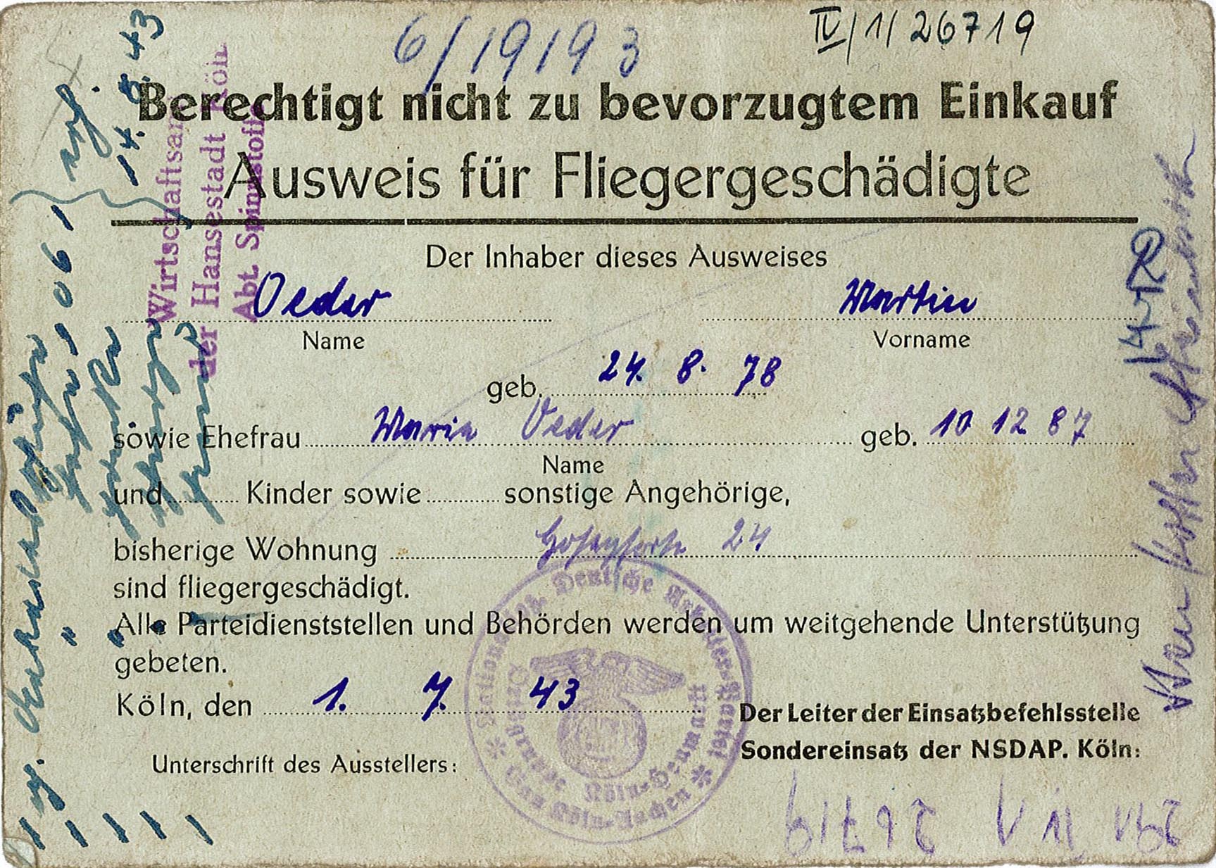 Ausweis für Fliegergeschädigte von Martin Oeder, 1943 (Museum Wolmirstedt RR-F)