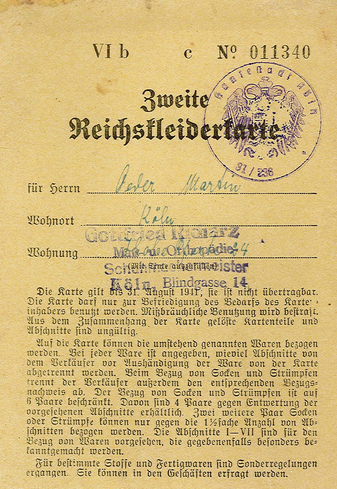 Zweite Reichskleiderkarte für Martin Oeder (Museum Wolmirstedt RR-F)