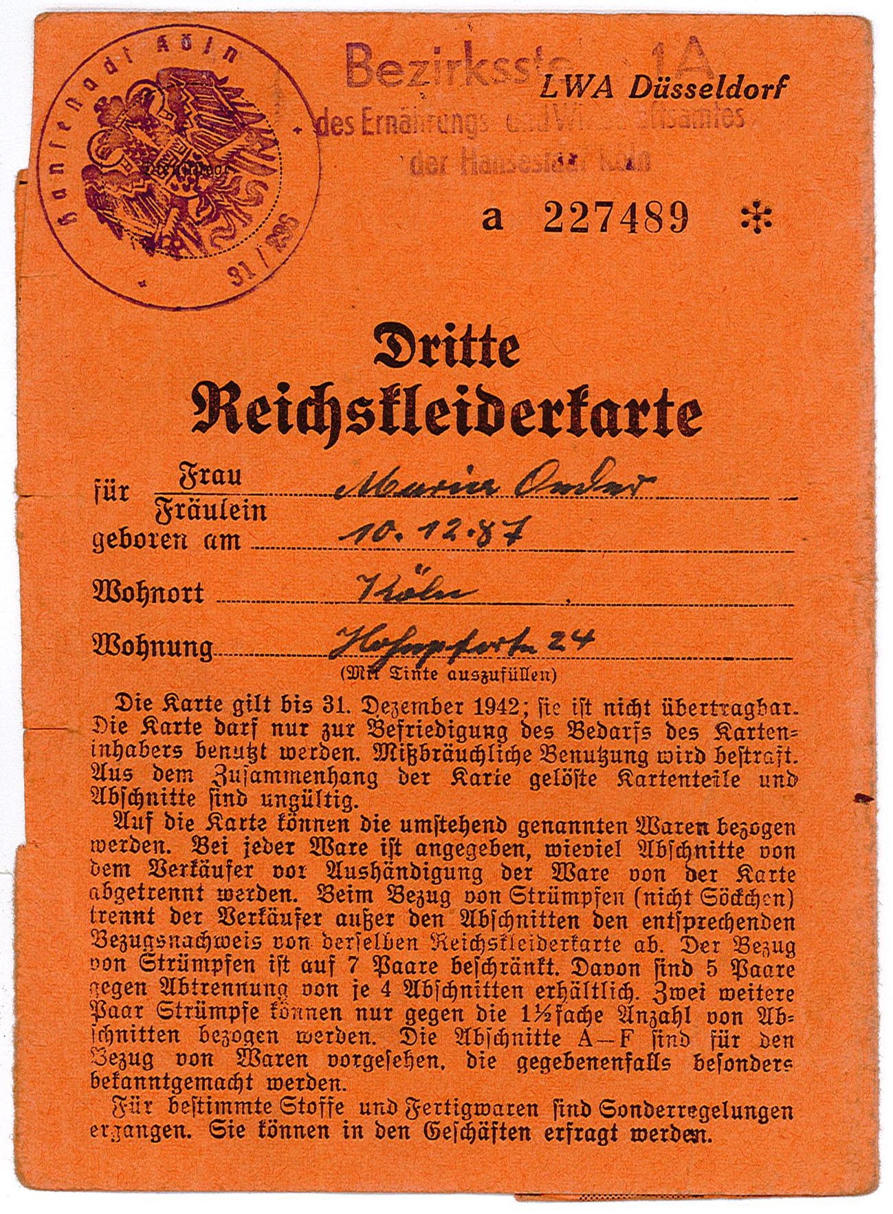 Dritte Reichskleiderkarte für Maria Oeder (Museum Wolmirstedt RR-F)