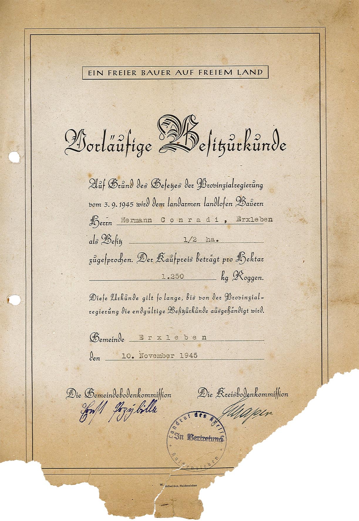Vorläufige Boden-Besitzurkunde für Hermann Conradi, Erxleben (10.11.1945) (Museum Wolmirstedt RR-F)