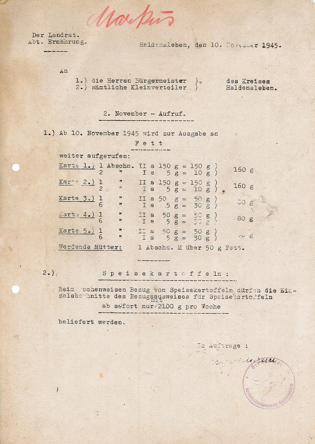 Aufruf und Hinweis zur rationierten Ausgabe von Fett und Speisekartoffeln (10.11.1945) (Museum Wolmirstedt RR-F)