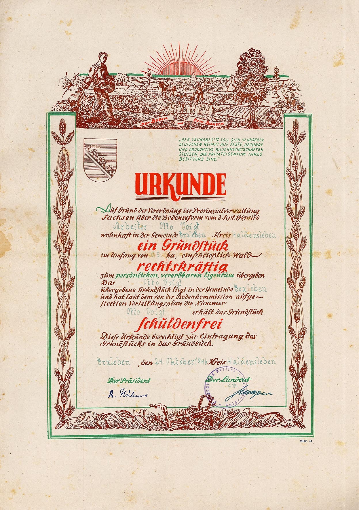 Besitzurkunde für Otto Voigt für ein Grundstück im Zuge der Bodenreform, 1946 (Museum Wolmirstedt RR-F)