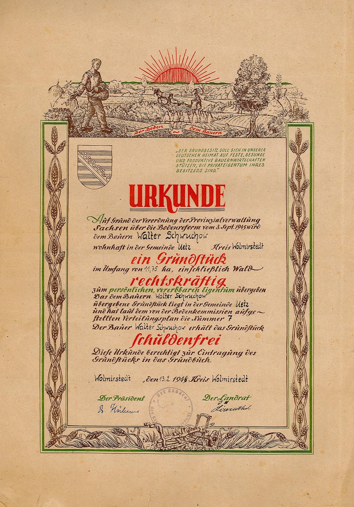 Bodenbesitz-Urkunde für Walter Schwuchow im Zuge der Bodenreform, 1946 (Museum Wolmirstedt RR-F)